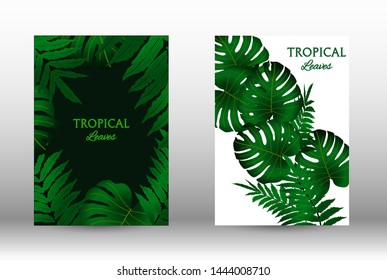 Tropic covers set.  Colorful tropical leaves patterns. Exotic botanical design. Modern Front Page in Vector