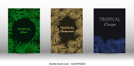 Tropic covers set.  Colorful tropical leaves patterns. Exotic botanical design. Modern Front Page in Vector