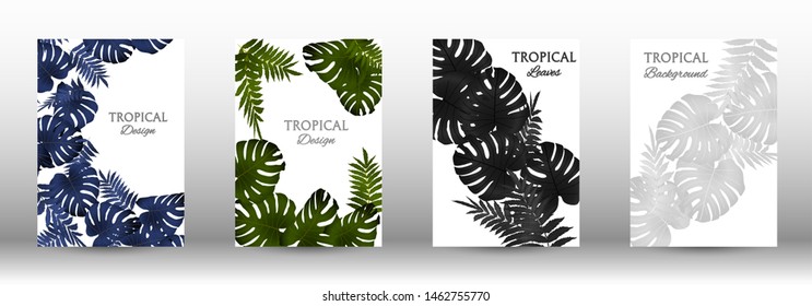 Tropic covers set.  Colorful tropical leaves patterns. Summer graphic background. Modern Front Page in Vector