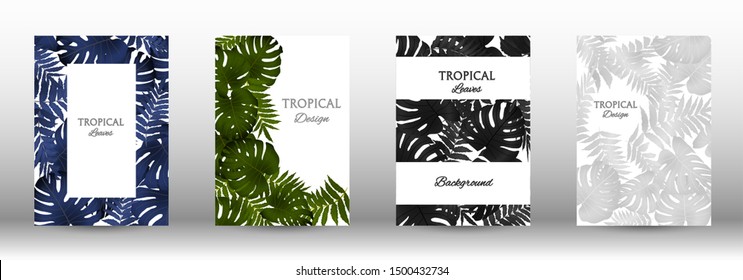 Tropic covers set.  Colorful tropical leaves patterns. Exotic botanical design. Modern Front Page in Vector