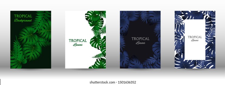 Tropic covers set.  Colorful tropical leaves patterns. Summer graphic background. Modern Front Page in Vector