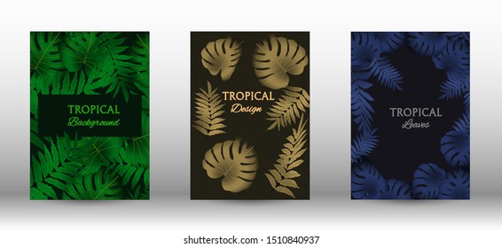 Tropic covers set.  Colorful tropical leaves patterns. Summer graphic background. Modern Front Page in Vector