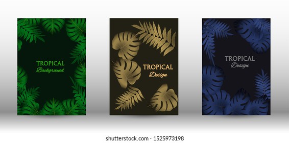 Tropic covers set.  Colorful tropical leaves patterns. Summer graphic background. Modern Front Page in Vector
