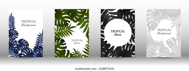 Tropic covers set.  Colorful tropical leaves patterns. Summer graphic background. Modern Front Page in Vector