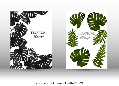 Tropic covers set. Colorful tropical leaves patterns. Exotic botanical design.  Abstract nature background. Texture background. Summer vector illustration.