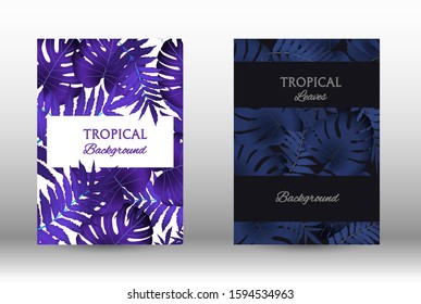 Tropic covers set. Colorful tropical leaves patterns. Exotic botanical design.  Modern Front Page in Vector. Summer vector illustration.