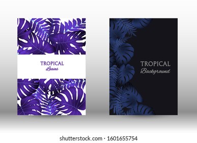Tropic covers set. Colorful tropical leaves patterns. Exotic botanical design.  Abstract nature background. Texture background. Summer vector illustration.