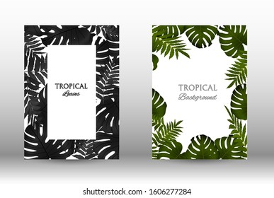 Tropic covers set. Colorful tropical leaves patterns. Exotic botanical design.  Modern Front Page in Vector. Summer vector illustration.