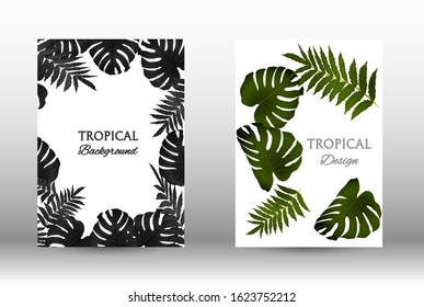 Tropic covers set. Colorful tropical leaves patterns. Exotic botanical design.  Abstract nature background. Texture background. Summer vector illustration.