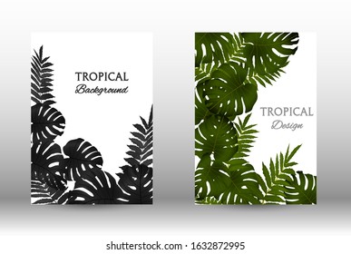 Tropic covers set. Colorful tropical leaves patterns. Exotic botanical design.  Modern Front Page in Vector. Summer vector illustration.
