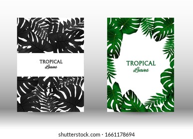 Tropic covers set. Colorful tropical leaves patterns. Exotic botanical design.  Modern Front Page in Vector. Summer vector illustration.