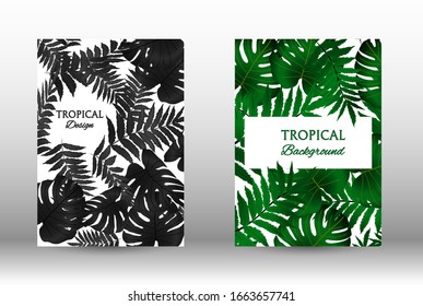 Tropic covers set. Colorful tropical leaves patterns. Exotic botanical design.  Abstract nature background. Texture background. Summer vector illustration.