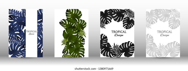 Tropic covers set.  Tropical leaves banners background. Summer graphic background. Modern Front Page in Vector