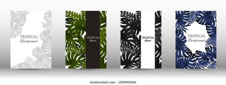 Tropic covers set.  Tropical leaves banners background. Exotic botanical design. Modern Front Page in Vector