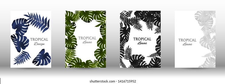 Tropic covers set.  Tropical leaves banners background. Exotic botanical design. Modern Front Page in Vector