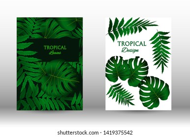 Tropic covers set.  Tropical leaves banners background. Exotic botanical design. Modern Front Page in Vector