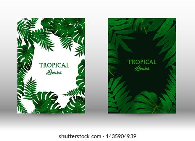 Tropic covers set.  Tropical leaves banners background. Summer graphic background. Modern Front Page in Vector
