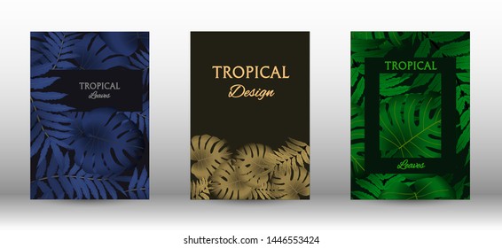 Tropic covers set.  Tropical leaves banners background. Exotic botanical design. Modern Front Page in Vector