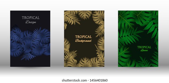 Tropic covers set.  Tropical leaves banners background. Summer graphic background. Modern Front Page in Vector