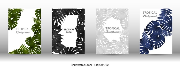 Tropic covers set.  Tropical leaves banners background. Exotic botanical design. Modern Front Page in Vector