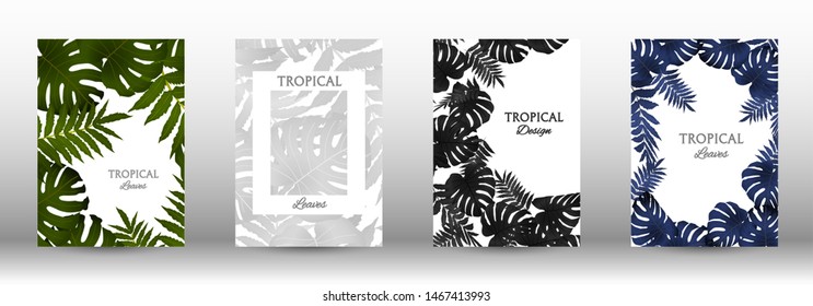 Tropic covers set.  Tropical leaves banners background. Summer graphic background. Modern Front Page in Vector