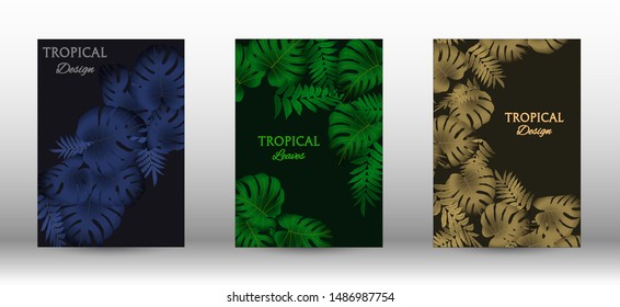 Tropic covers set.  Tropical leaves banners background. Exotic botanical design. Modern Front Page in Vector