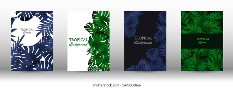 Tropic covers set.  Tropical leaves banners background. Summer graphic background. Modern Front Page in Vector