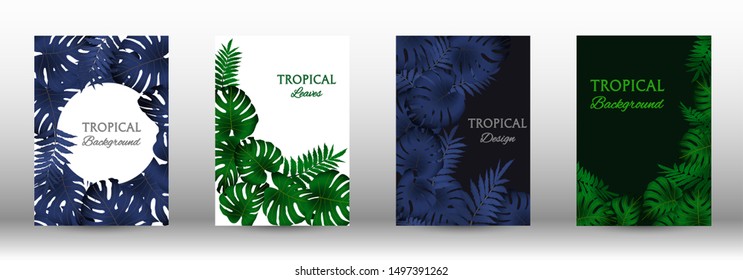 Tropic covers set.  Tropical leaves banners background. Exotic botanical design. Modern Front Page in Vector