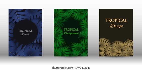 Tropic covers set.  Tropical leaves banners background. Summer graphic background. Modern Front Page in Vector