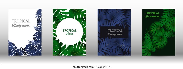 Tropic covers set.  Tropical leaves banners background. Summer graphic background. Modern Front Page in Vector