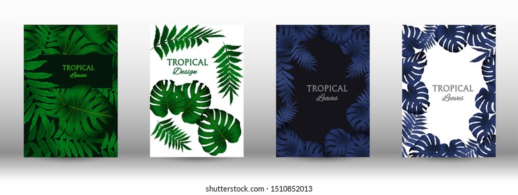 Tropic covers set.  Tropical leaves banners background. Summer graphic background. Modern Front Page in Vector