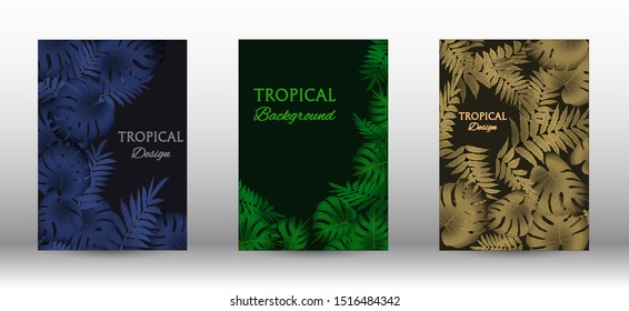 Tropic covers set.  Tropical leaves banners background. Exotic botanical design. Modern Front Page in Vector