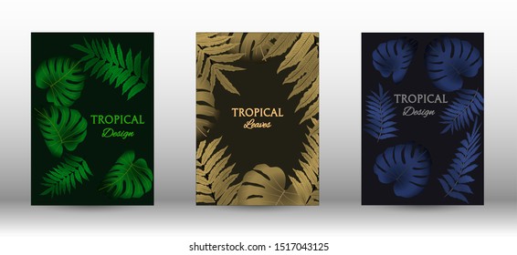 Tropic covers set.  Tropical leaves banners background. Summer graphic background. Modern Front Page in Vector