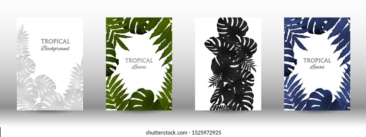 Tropic covers set.  Tropical leaves banners background. Summer graphic background. Modern Front Page in Vector