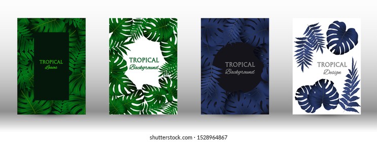 Tropic covers set.  Tropical leaves banners background. Summer graphic background. Modern Front Page in Vector