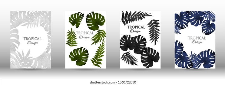 Tropic covers set.  Tropical leaves banners background. Summer graphic background. Modern Front Page in Vector