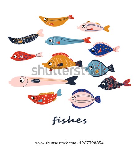 Tropic cute set of doodle exotic fish. Cartoon vector stock illustration clipart isolated on white background.