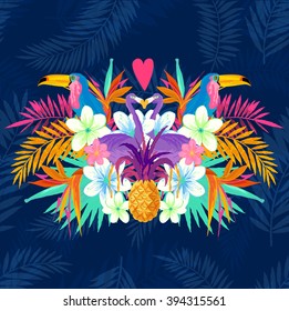 Tropic elements including Pelicans and palm leaves.