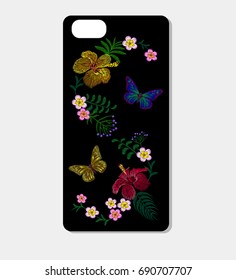 Tropic embroidery smartphone skin case design template. Exotic butterfly bright flower fashion decoration patch vector illustration