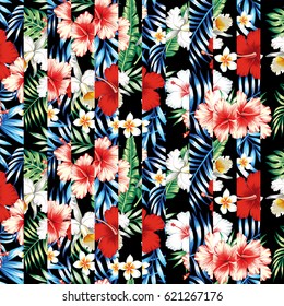 Tropic exotic beach seamless vector pattern tropical flowers and leaves stripe patchwork black background