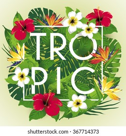 Tropic and exotic beautiful plants and flowers poster print. Vector illustration. Typography.