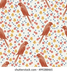 Tropic exotic bird parrot on a white background with small wild flowers, hand drawn vector illustration seamless wallpaper pattern