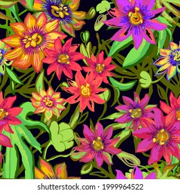 Tropic exotic flowers seamless pattern. Passiflora, orchid, plumeria. Isolated in black background with green leaves, jungle banana palm tree. Hand drawn floral texture, print. Vector illustration
