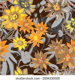 Tropic exotic flowers seamless pattern. Passiflora, orchid, plumeria. Isolated on dark background with grey leaves, jungle banana palm tree. Hand drawn floral texture, print. Vector illustration