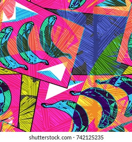 Tropic exotic multicolor banana palm leaves, flowers. Print jungle seamless vector pattern