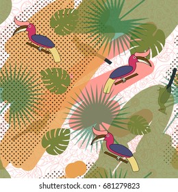 Tropic exotic multicolor pattern with birds hornbill and tropical plants. Modern art background with black circle. Print jungle seamless vector pattern