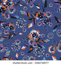 Tropic exotic orchid, plumeria flowers on trendy purple background with orange, grey, blue leaves with blooming branches. Floral seamless vector pattern. Hand drawn fashion print
