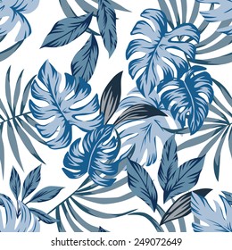 Tropic exotic palm leaves seamless vector pattern in a trendy blue vintage style. Print nature fashion illustration painting floral jungle wallpaper on a white background