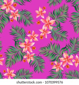Tropic exotic pattern with tropical flowers, palm leaves,  on a bright background. Print jungle seamless vector pattern