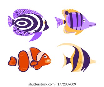 Tropic fish set isolated on white background. Exotic underwater creatures. Flat vector illustration.